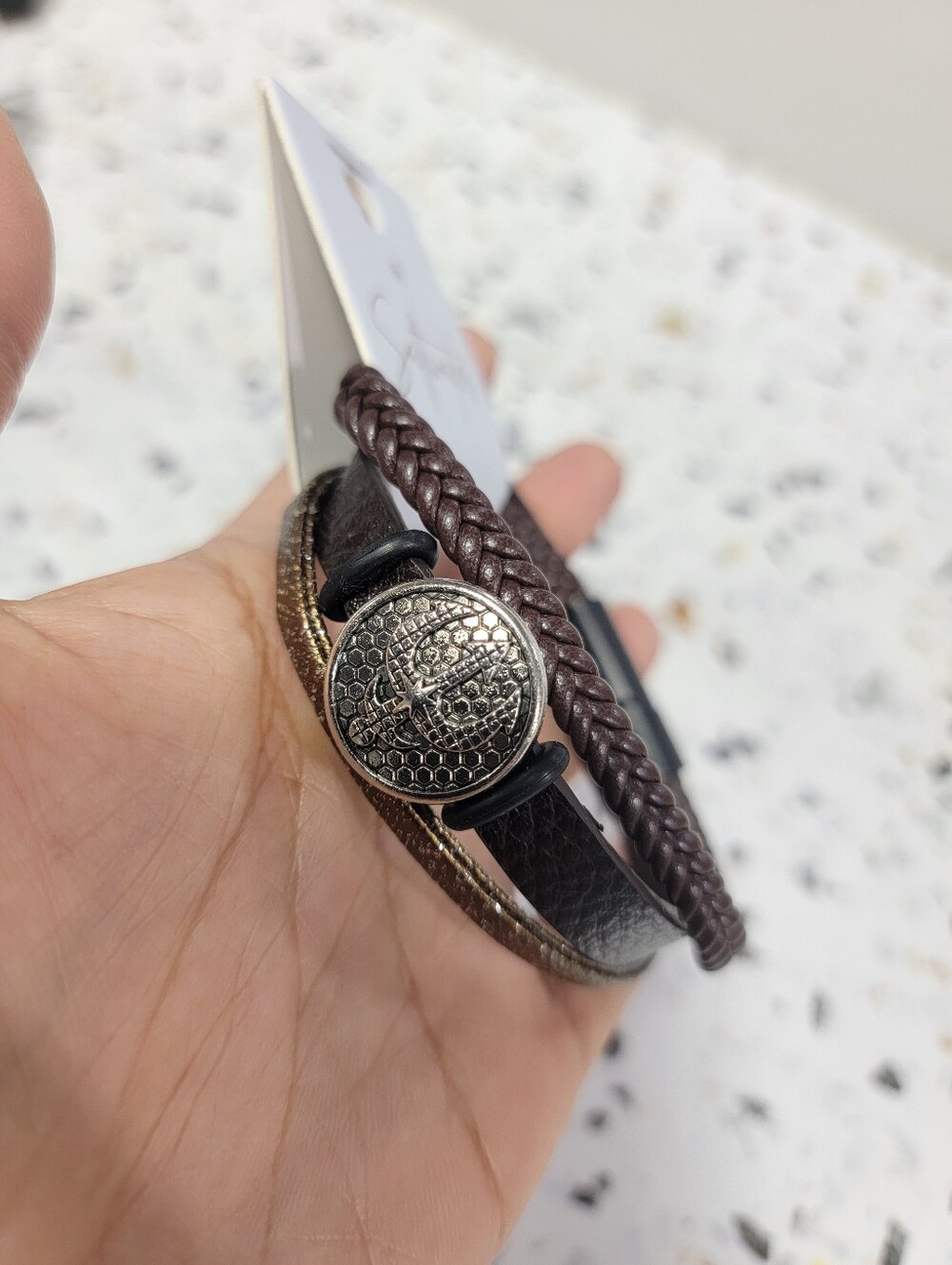 Women’s Brown Multi-strap Leather Bracelet with Antique Silver Medallion